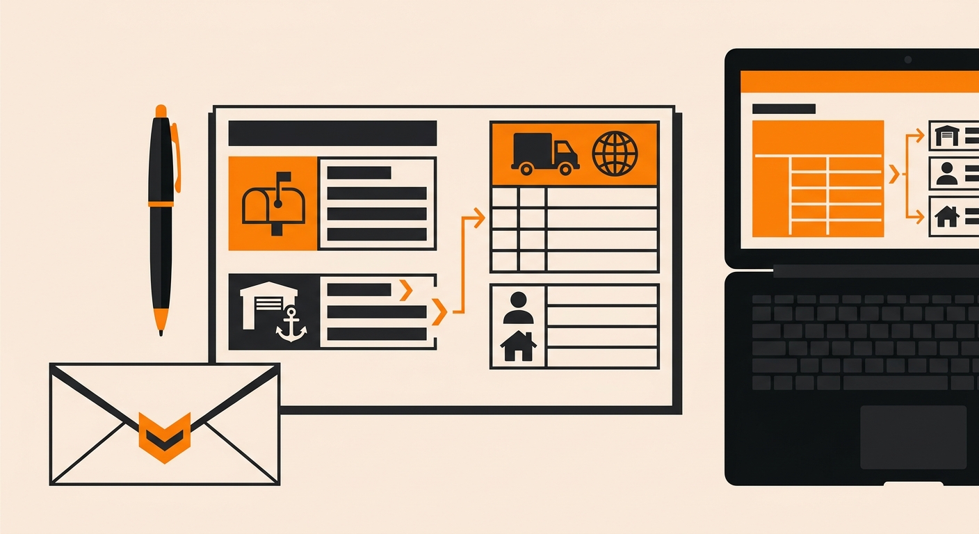 A clean flat-lay of shipping materials on a desk, featuring a mailing label form with clearly marked fields for PO Box and AP