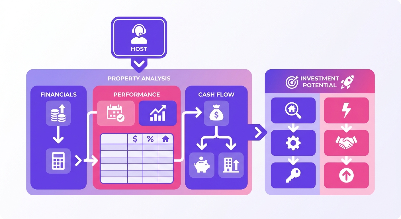 An overhead workspace scene shows a host reviewing a spreadsheet, calculator, and laptop displaying key metrics for an Airbnb