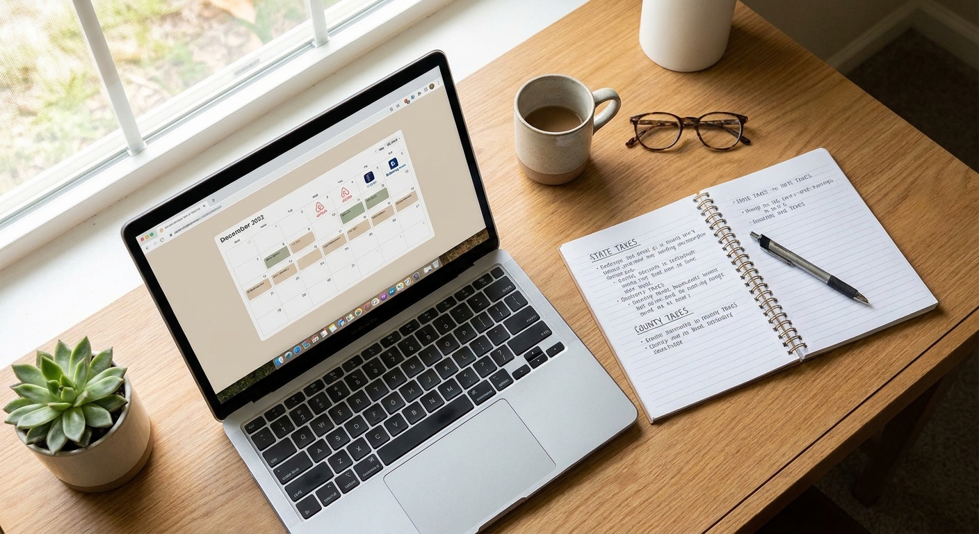 An overhead view of a desk in a Florida vacation rental office nook features a laptop displaying a short-term rental calendar