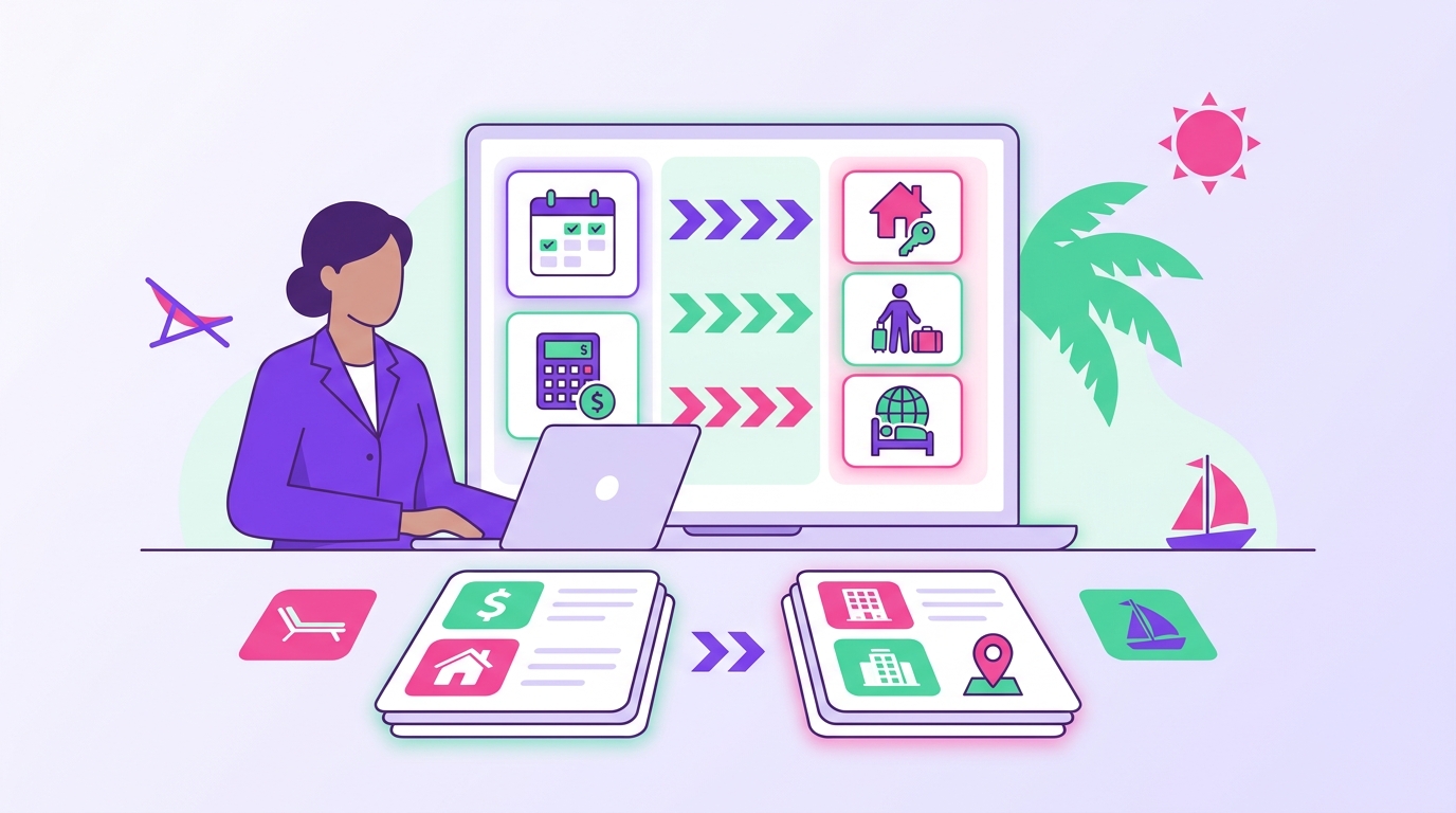 A professional host sits at a laptop in a bright Florida vacation rental, reviewing a tax spreadsheet and an STR booking dash