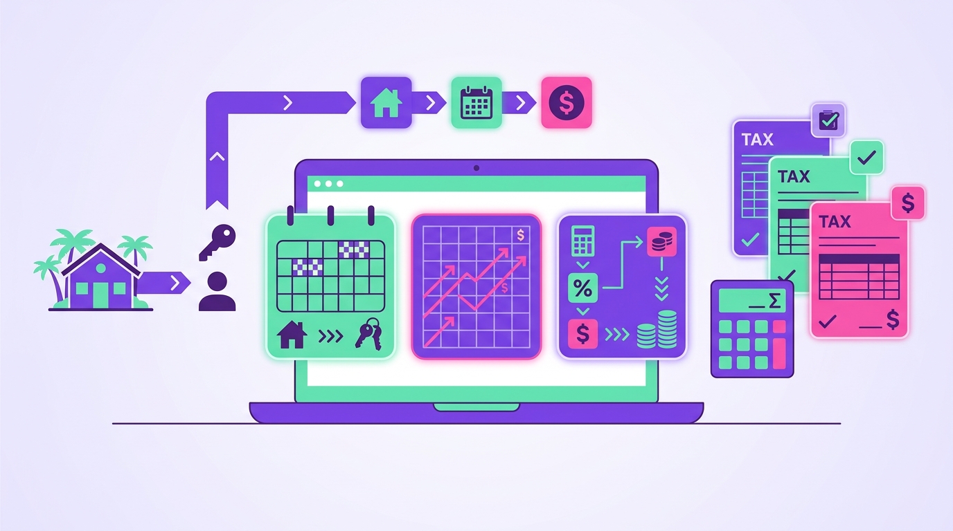 A clean workspace scene shows a short-term rental owner managing a beachfront or suburban Florida vacation home listing from 