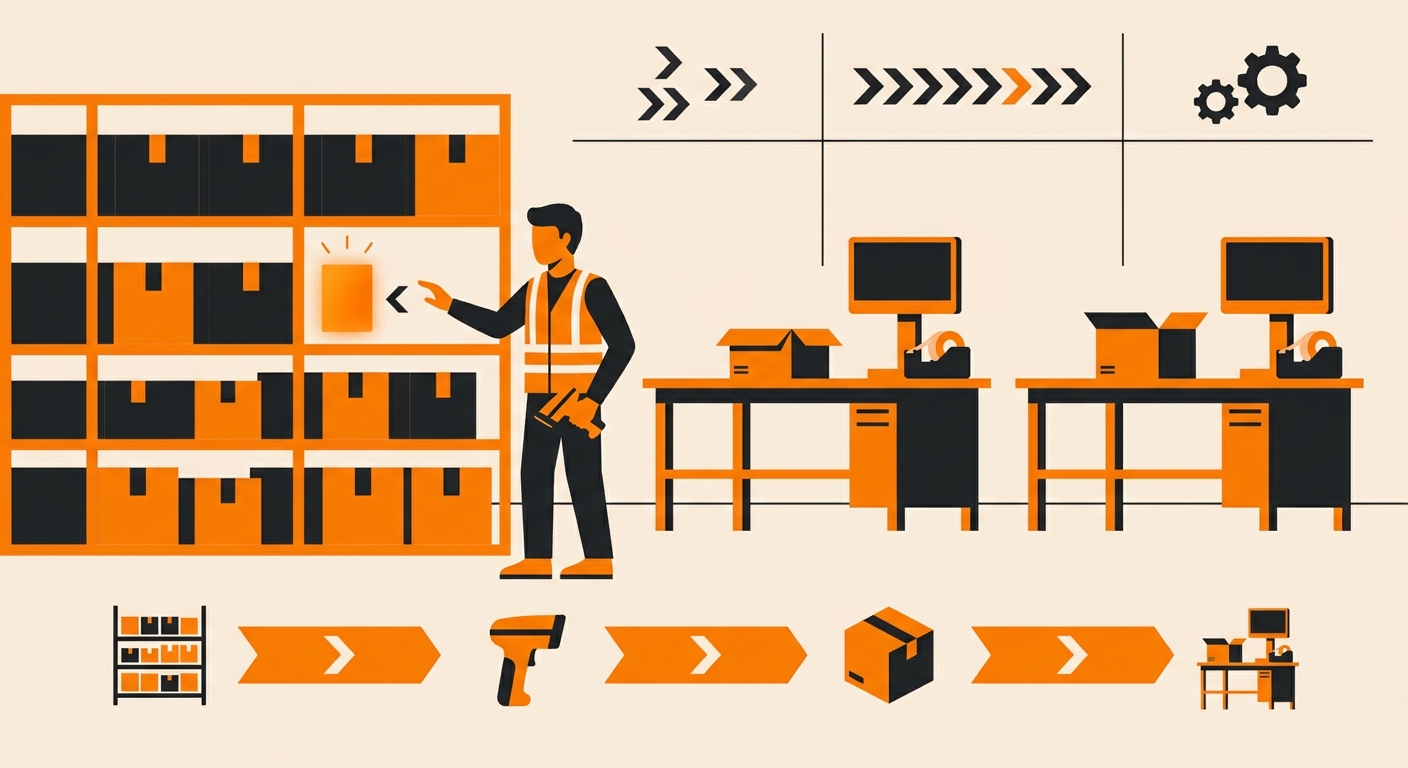 A clean warehouse fulfillment scene showing a worker scanning and picking individual items from organized shelves, with packi