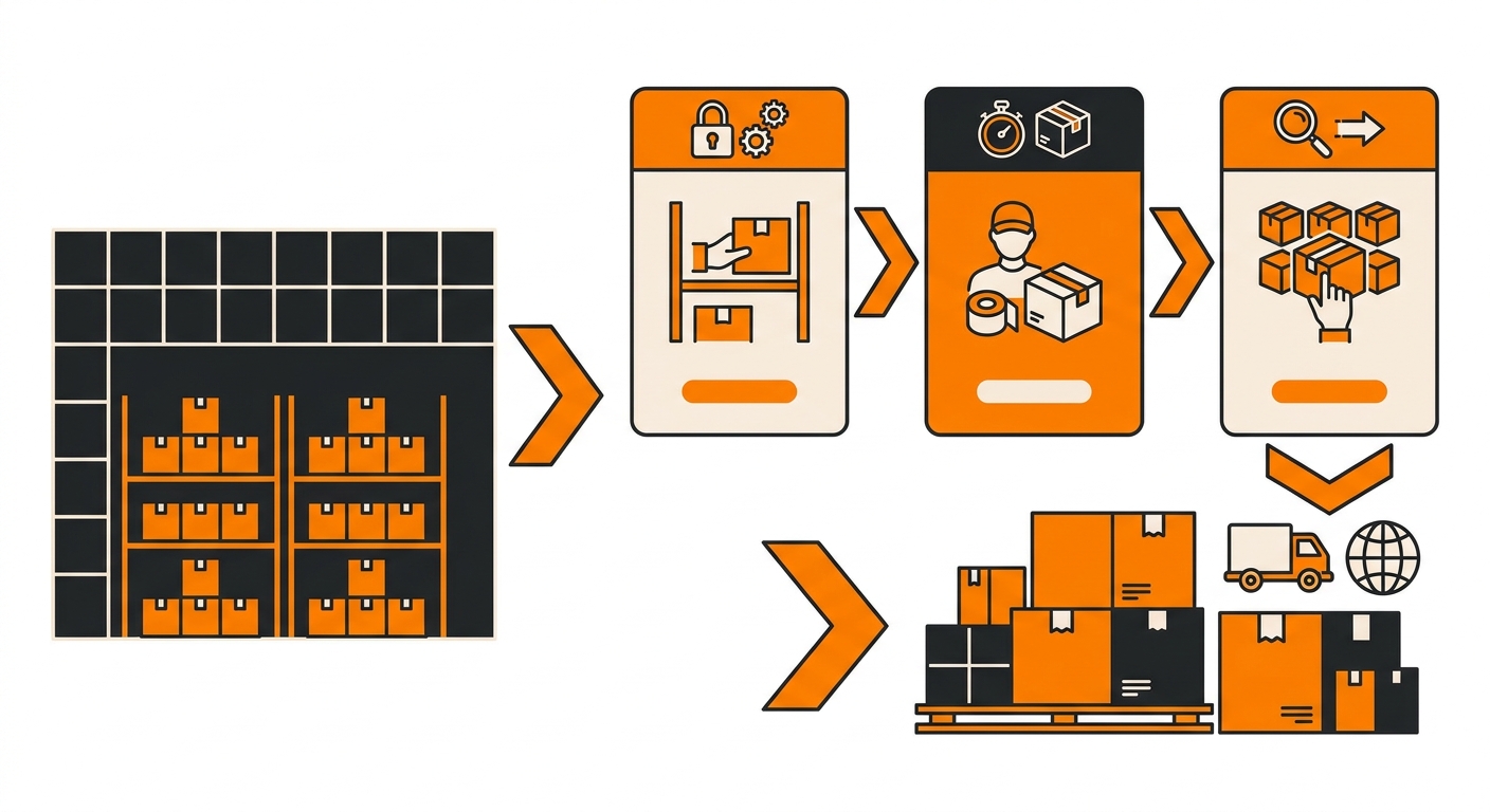 A modern logistics infographic-style image featuring a simple warehouse layout, order boxes, and labeled cost components such