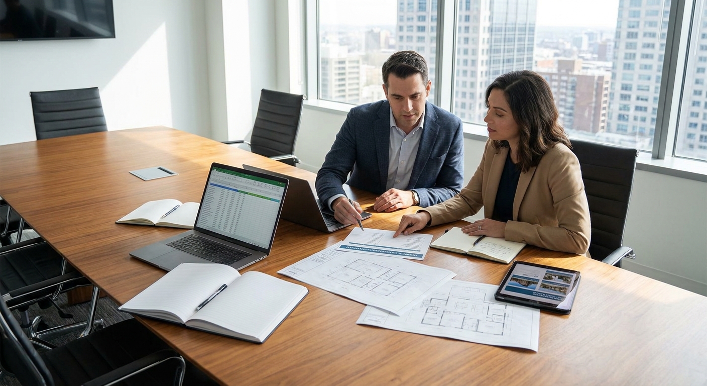 A modern office meeting scene where a property owner and manager discuss a property management plan template over a conferenc