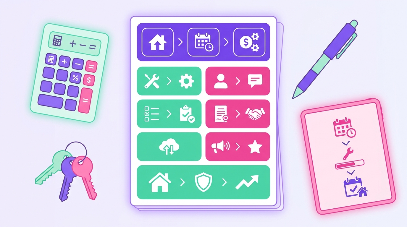 A close-up of a polished property management plan template printed on a desk, surrounded by a calculator, house keys, a pen, 