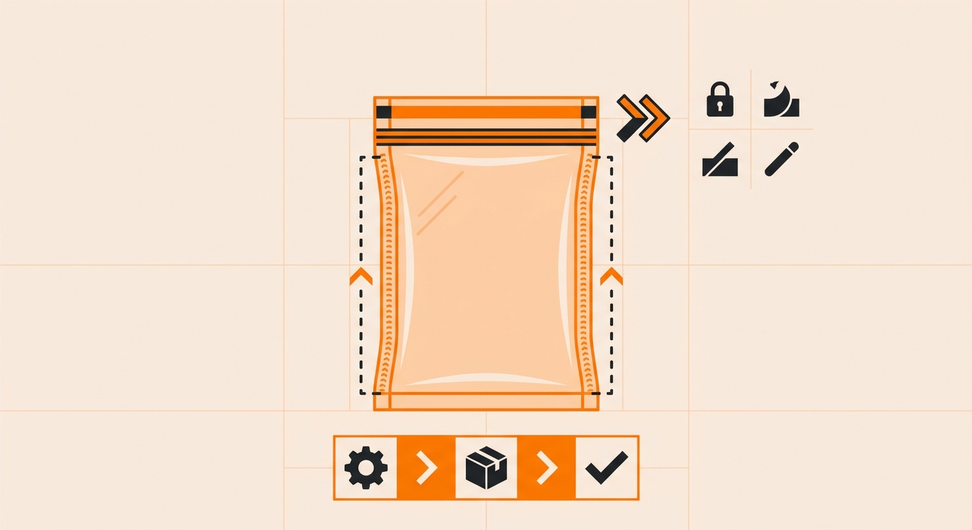 A close-up educational-style image of a single transparent polybag with visible seams and an adhesive closure strip, placed a