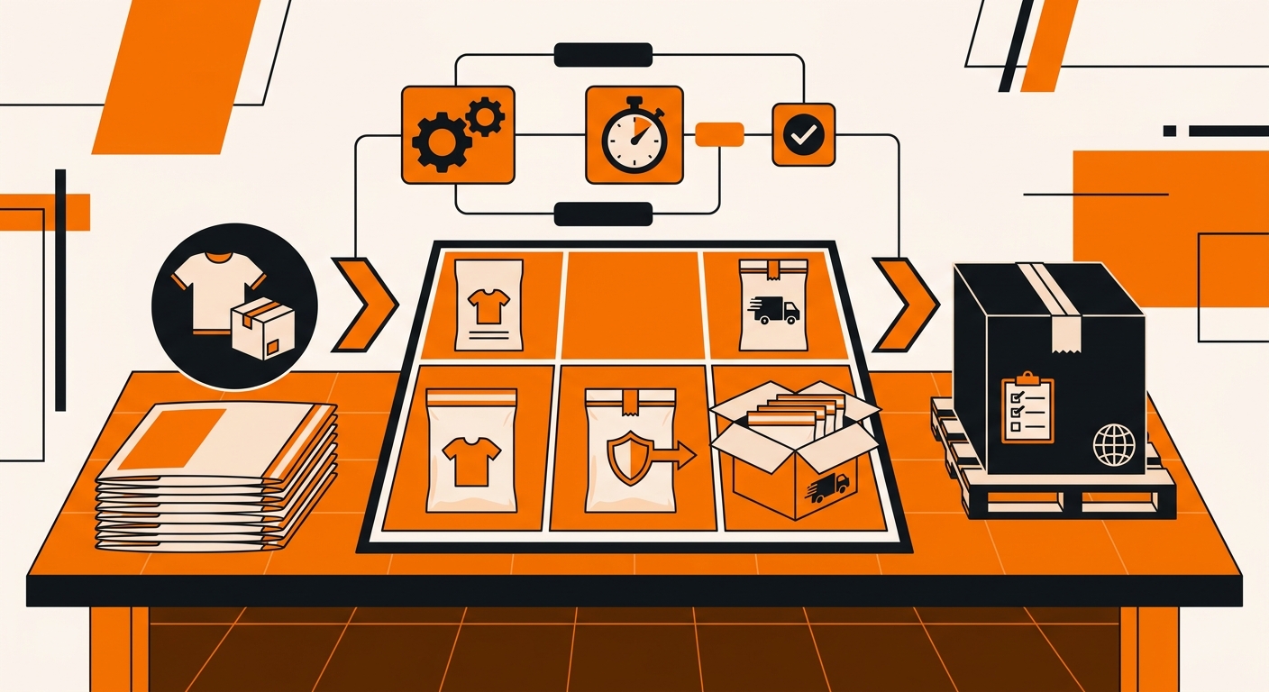 A warehouse or packaging workstation scene showing a stack of folded polybags beside packaged apparel or small retail items,