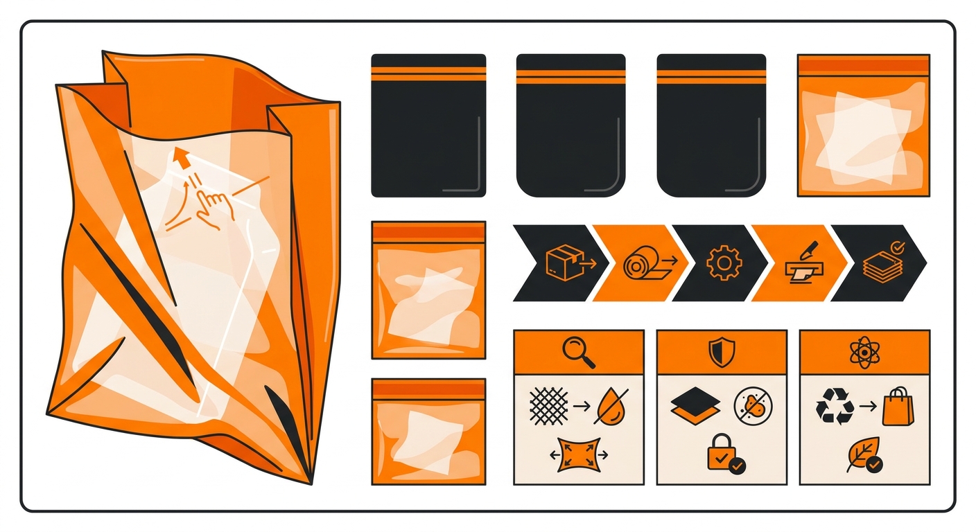 A clean studio shot of several clear and opaque polybags in different sizes laid out neatly on a white surface, with one bag