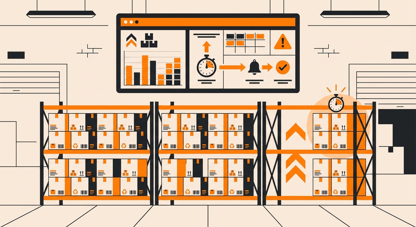A clean warehouse operations scene showing neatly organized inventory shelves, labeled cartons, and a digital dashboard displ