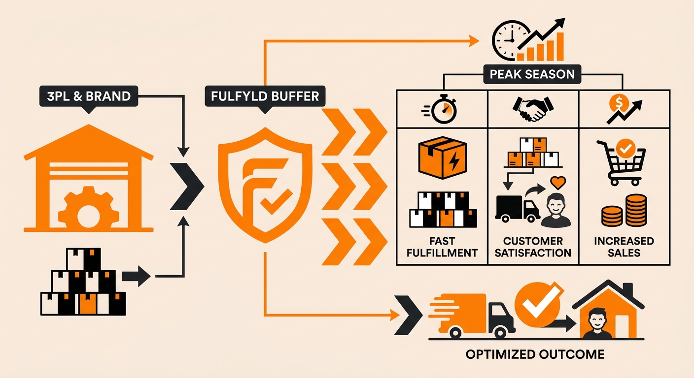 Diagram showing baseline weekly demand versus peak-season weekly demand for a 3PL fulfillment operation, with the buffer quantity highlighted as the gap between normal sell-through and peak sell-through, alongside a timeline marking when buffer stock must arrive at the fulfillment center relative to the peak window