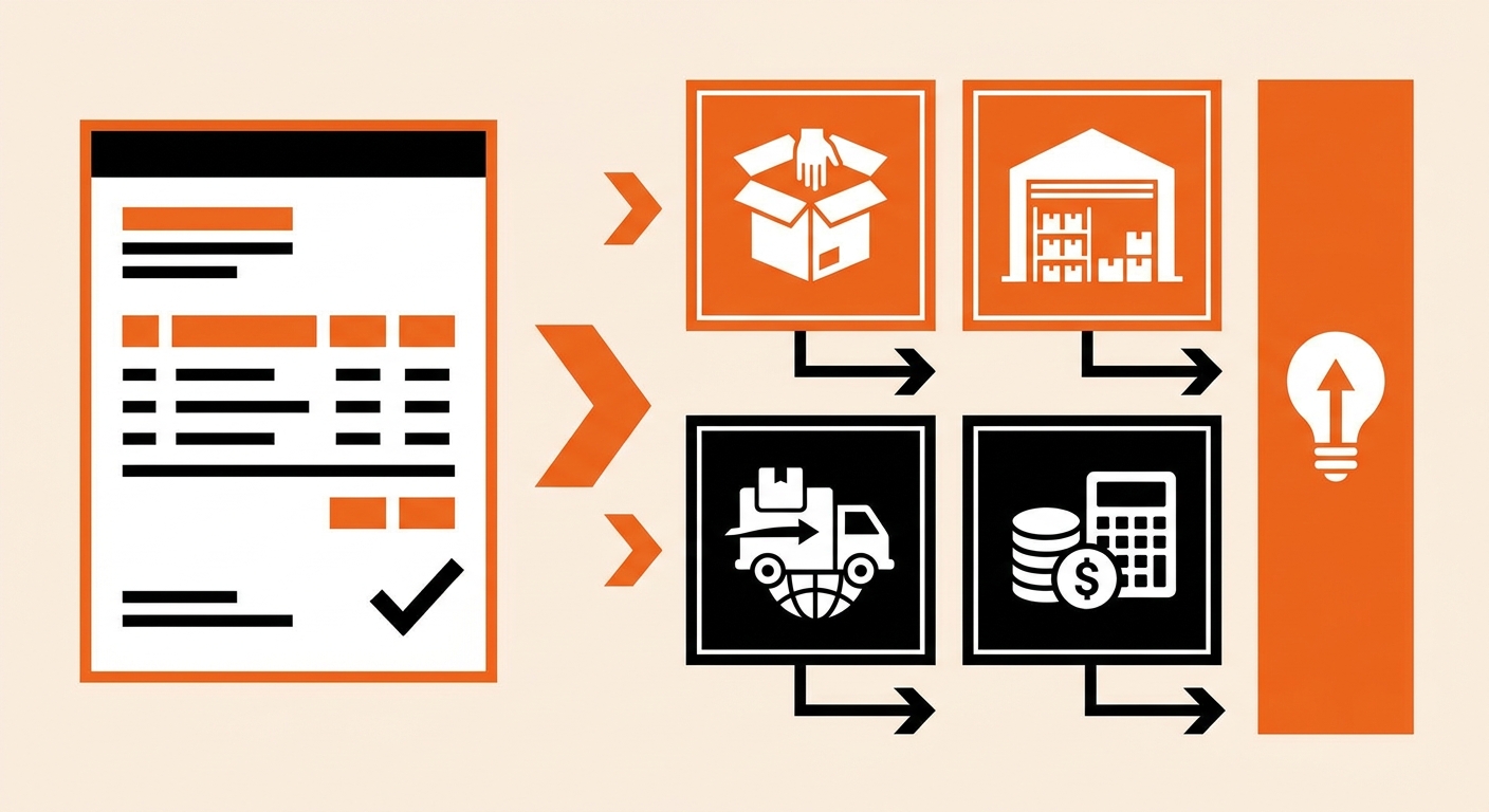 A professional office-style graphic featuring a fulfillment invoice next to icons representing packaging, shipping, warehousi