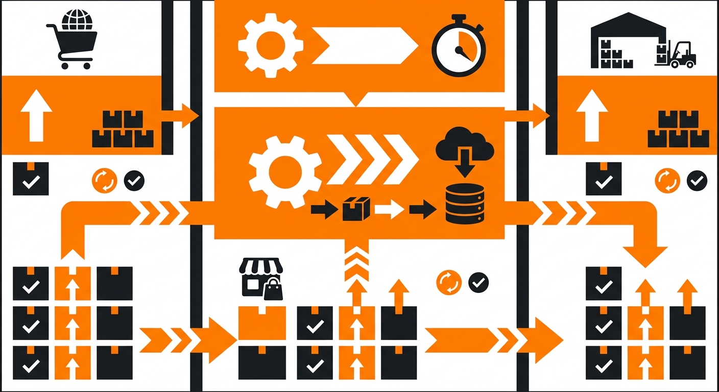 A clean dashboard-style illustration showing inventory levels updating in real time across multiple sales channels such as an