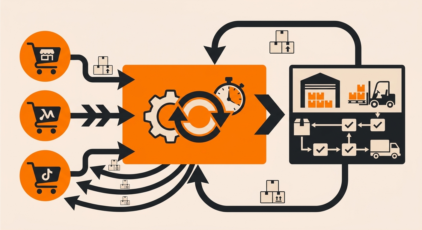 Diagram showing Fulfyld's warehouse management system as the single source of truth pushing real-time inventory counts to Shopify, Amazon, and Walmart simultaneously after a pick-and-pack order ships