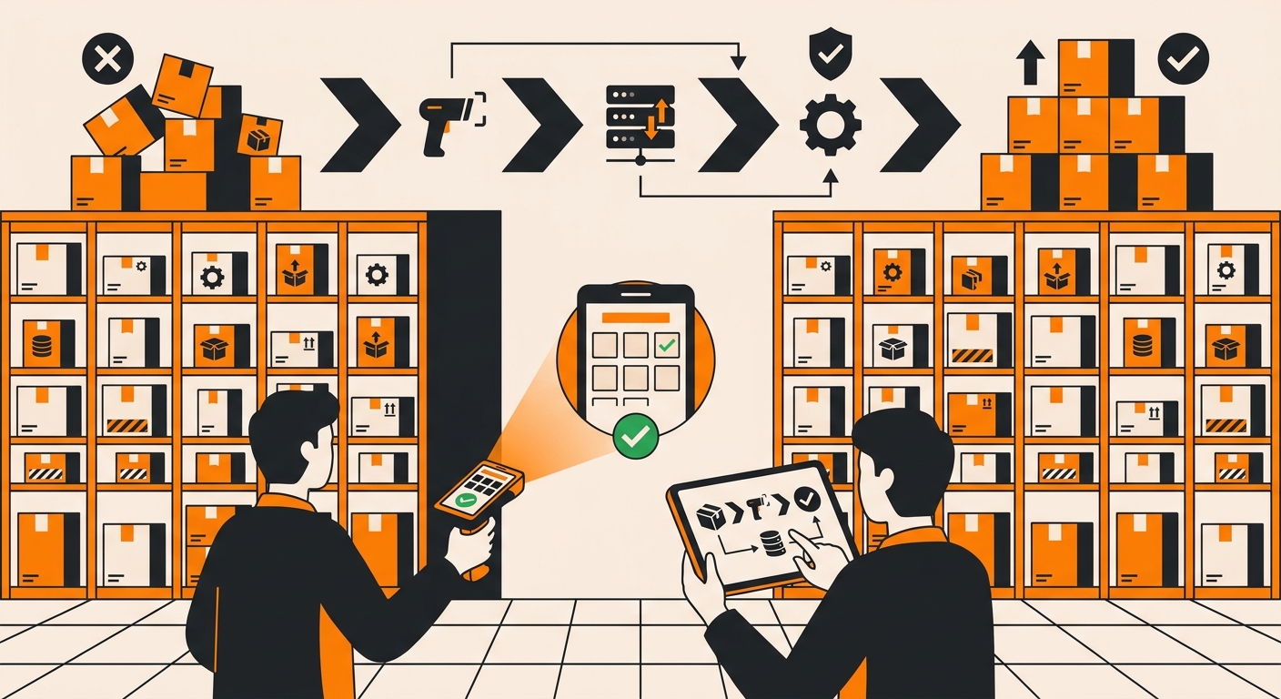 A professional fulfillment center scene with staff scanning shelves and updating inventory counts using handheld devices, wit