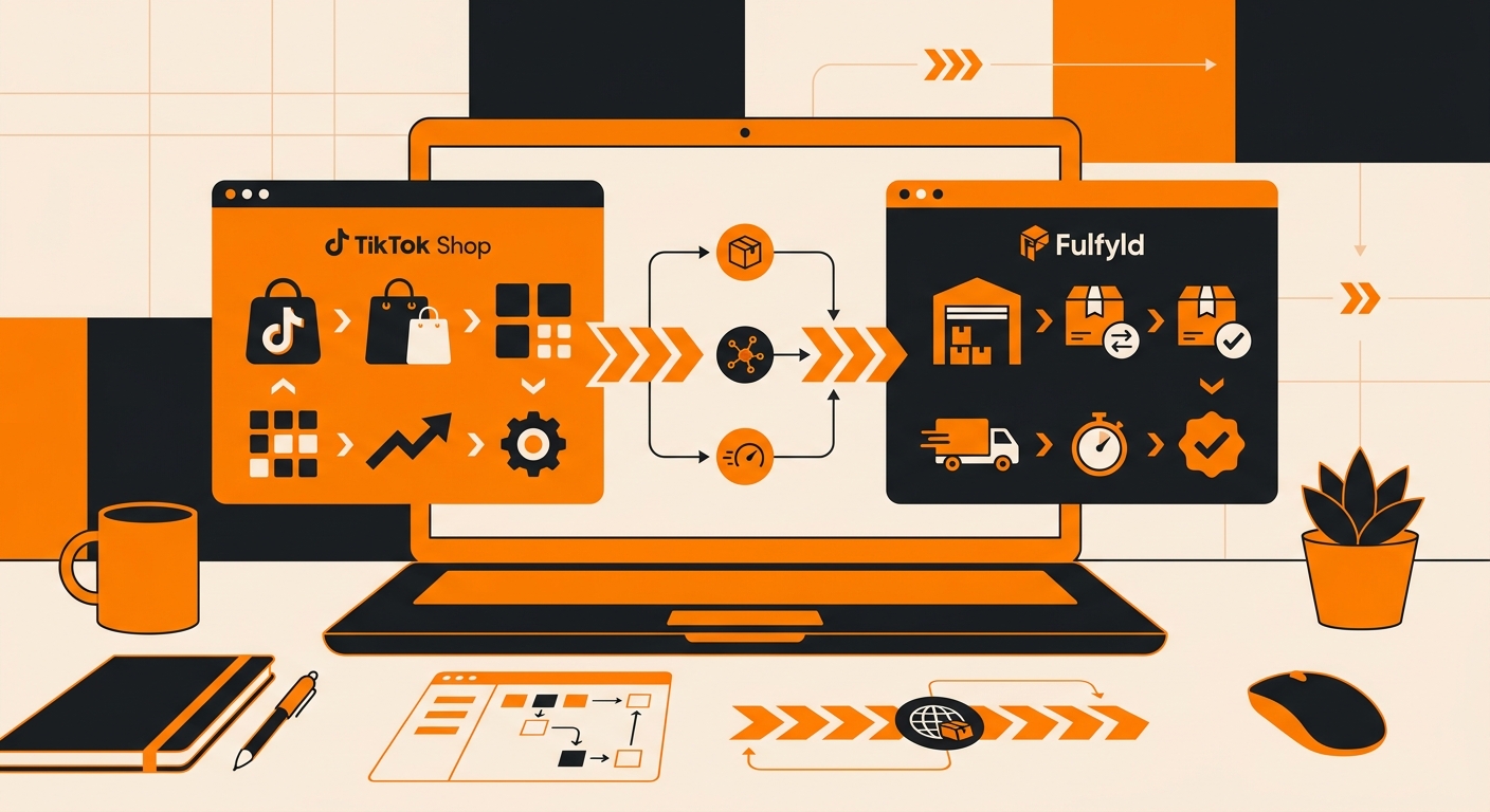 A clean workspace scene showing a laptop with a TikTok Shop dashboard open alongside a fulfillment platform interface, connec