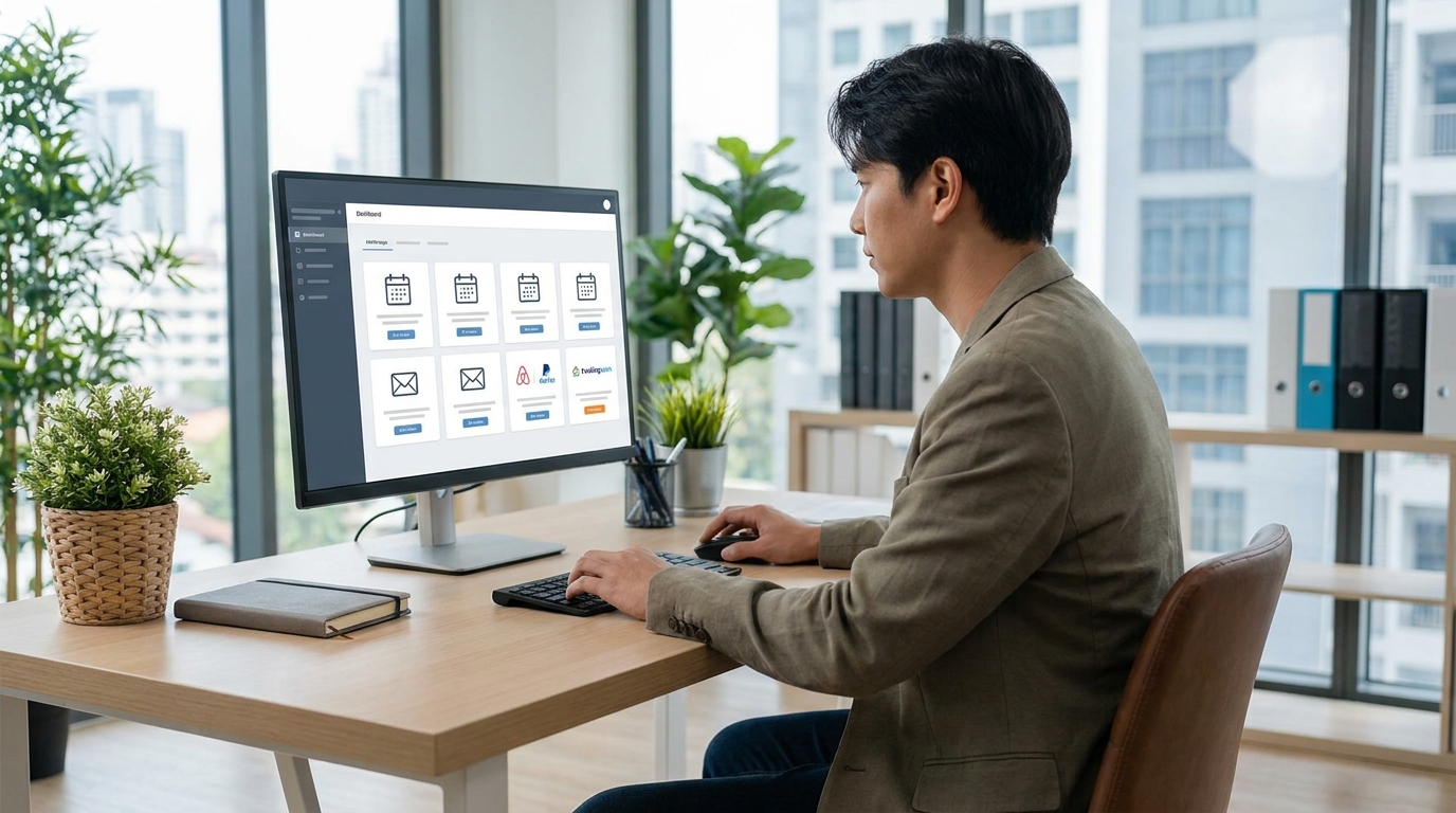 A professional office setting with a team member managing multiple vacation rental properties from a desktop monitor that sho