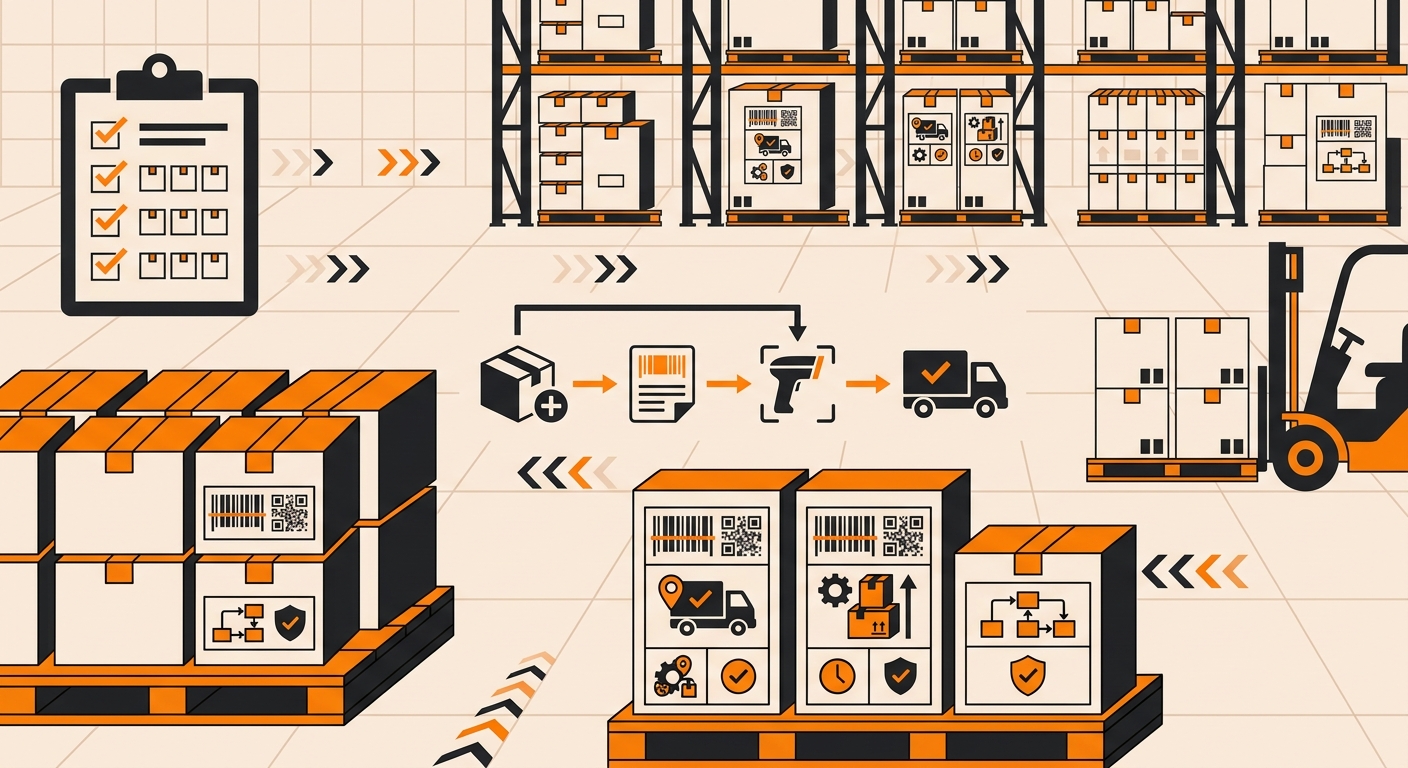 A clean warehouse scene showing neatly stacked cartons on pallets, each with clearly visible shipping and inventory labels, e
