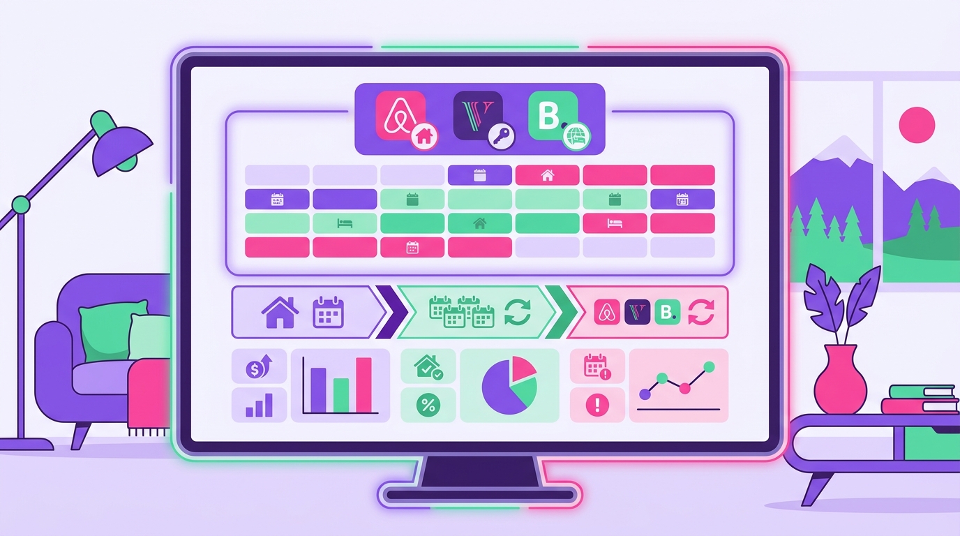 A desktop monitor displays a polished multi-calendar and channel management interface for vacation rental listings, with bran