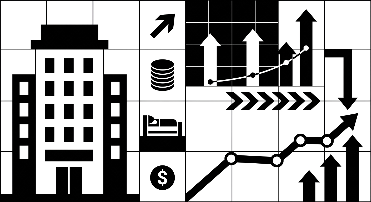 A professional infographic-style visual featuring a hotel building alongside simple bar charts and line graphs labeled RevPAR