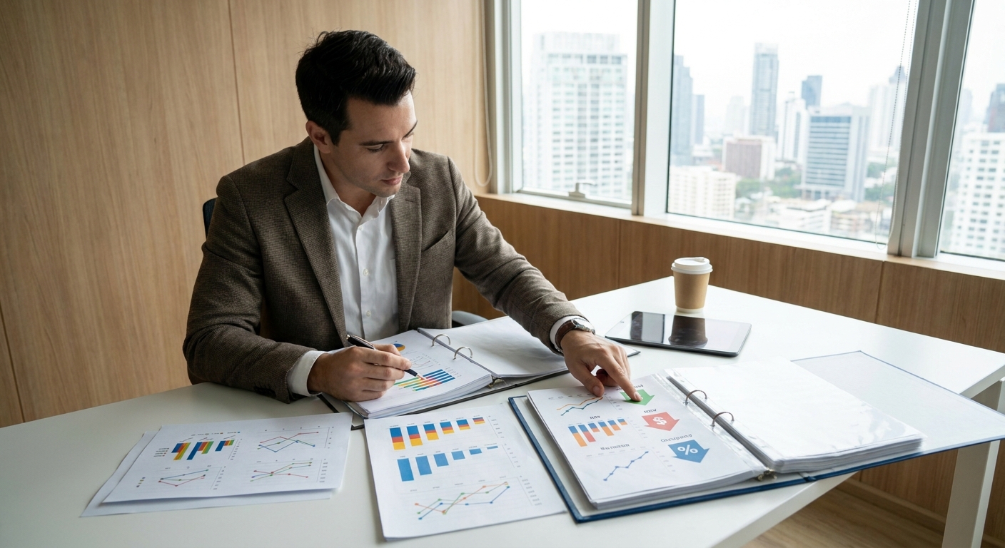 A hotel manager in a contemporary office reviewing printed performance reports with graphs comparing RevPAR, ADR, and occupan