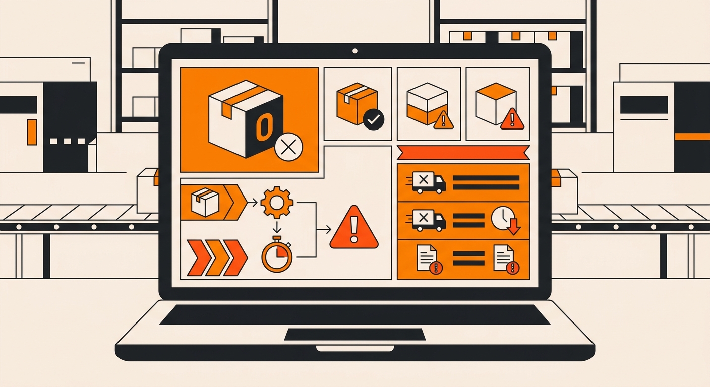 A clean warehouse management dashboard displayed on a laptop screen shows a SKU marked with zero stock, alongside inventory s
