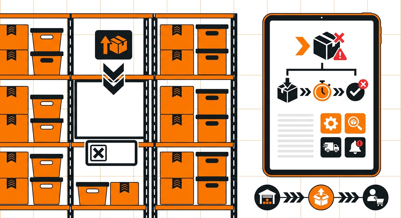 A minimalist fulfillment center scene features neatly organized shelves with one clearly empty picking location labeled for a
