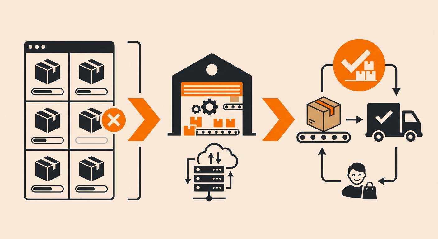 Flowchart showing how a zero-stock SKU flag moves from order intake through WMS inventory query, available quantity calculation, zero-stock alert, and resolution via restock, substitution, or cancellation in a 3PL fulfillment operation