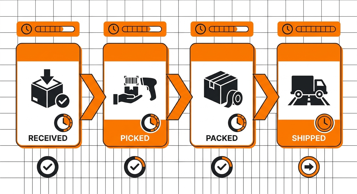 A clean dashboard-style illustration showing an eCommerce order moving through clearly labeled SLA stages such as received, p