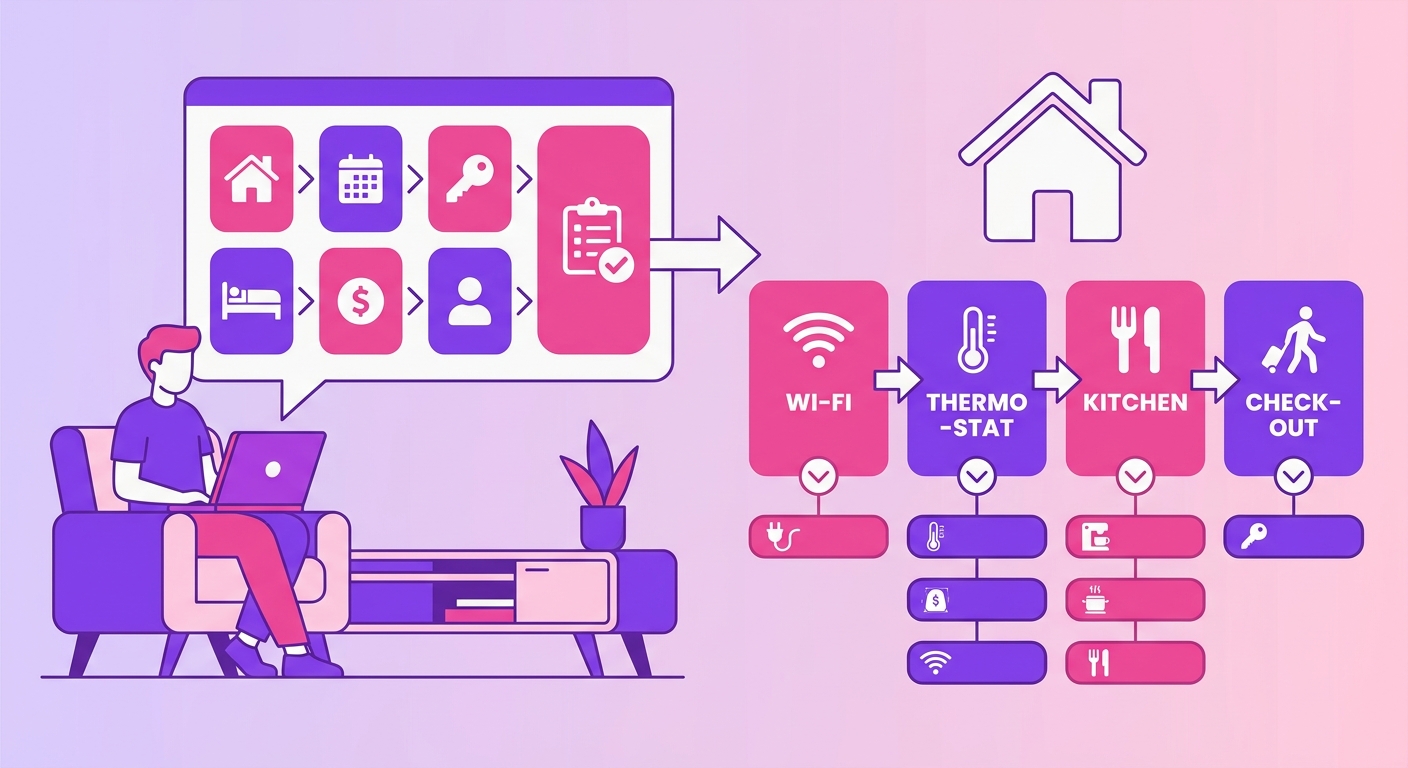 A short-term rental owner works from a laptop in a modern living room of a vacation home, with a dashboard open that suggests