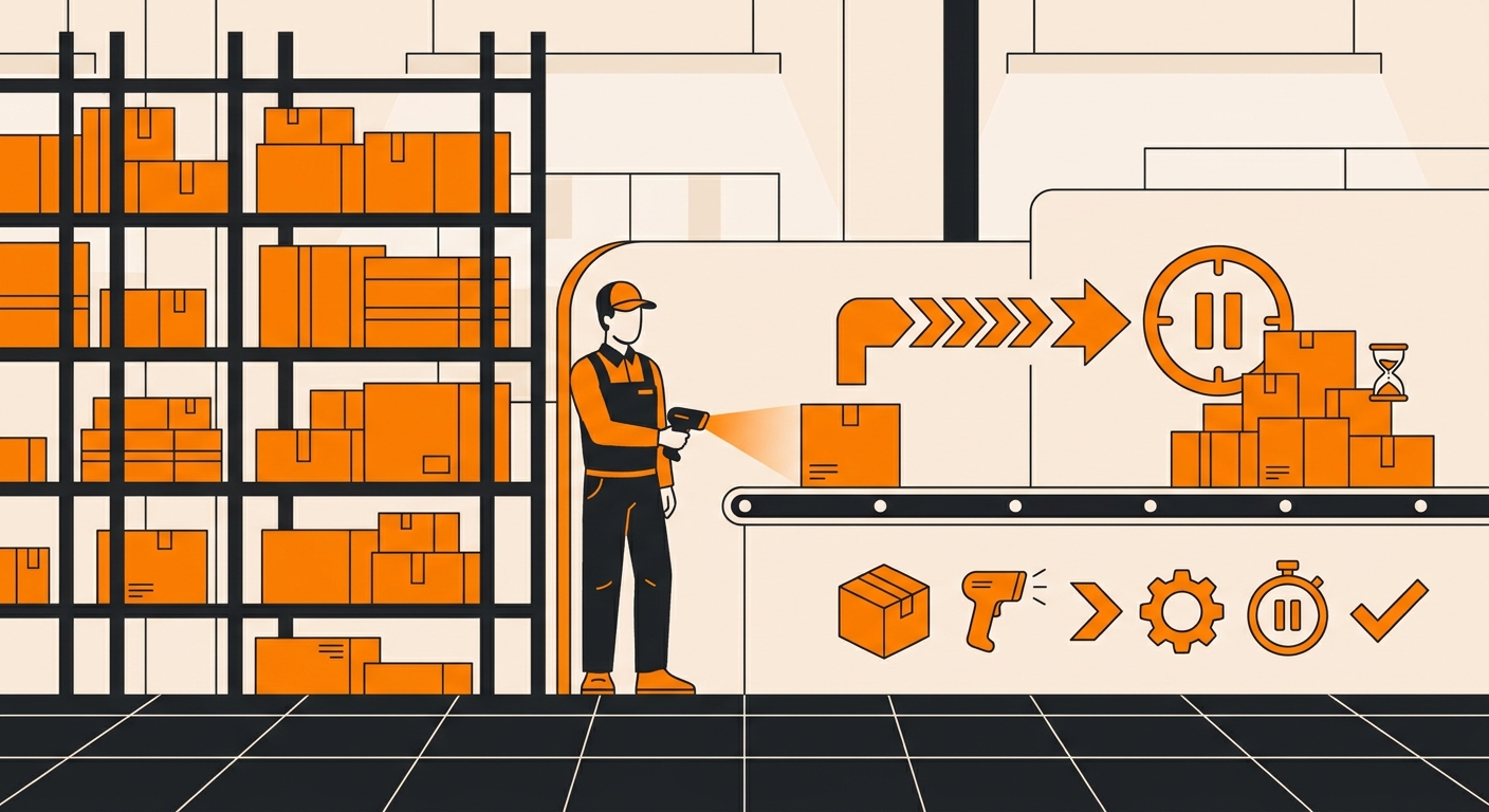 A professional warehouse scene featuring neatly stacked parcels on shelving while a worker scans a package in a sorting area.