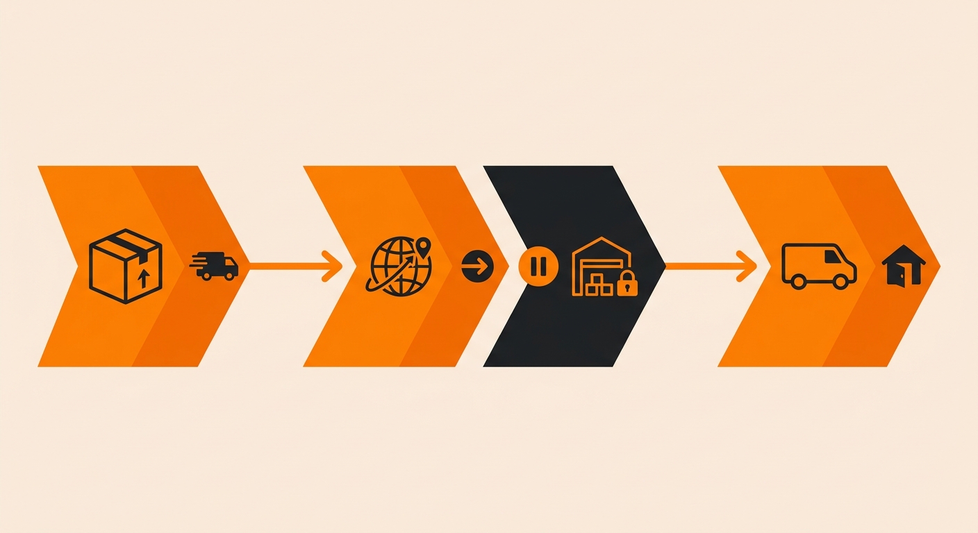 A minimalist delivery tracking graphic displaying the journey of a parcel from shipment to local facility, with a pause marke