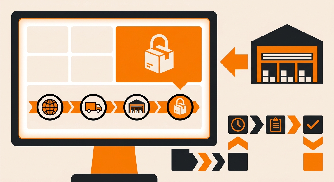 A clean logistics-themed illustration showing a package status dashboard on a computer screen with the label “Held at Facilit