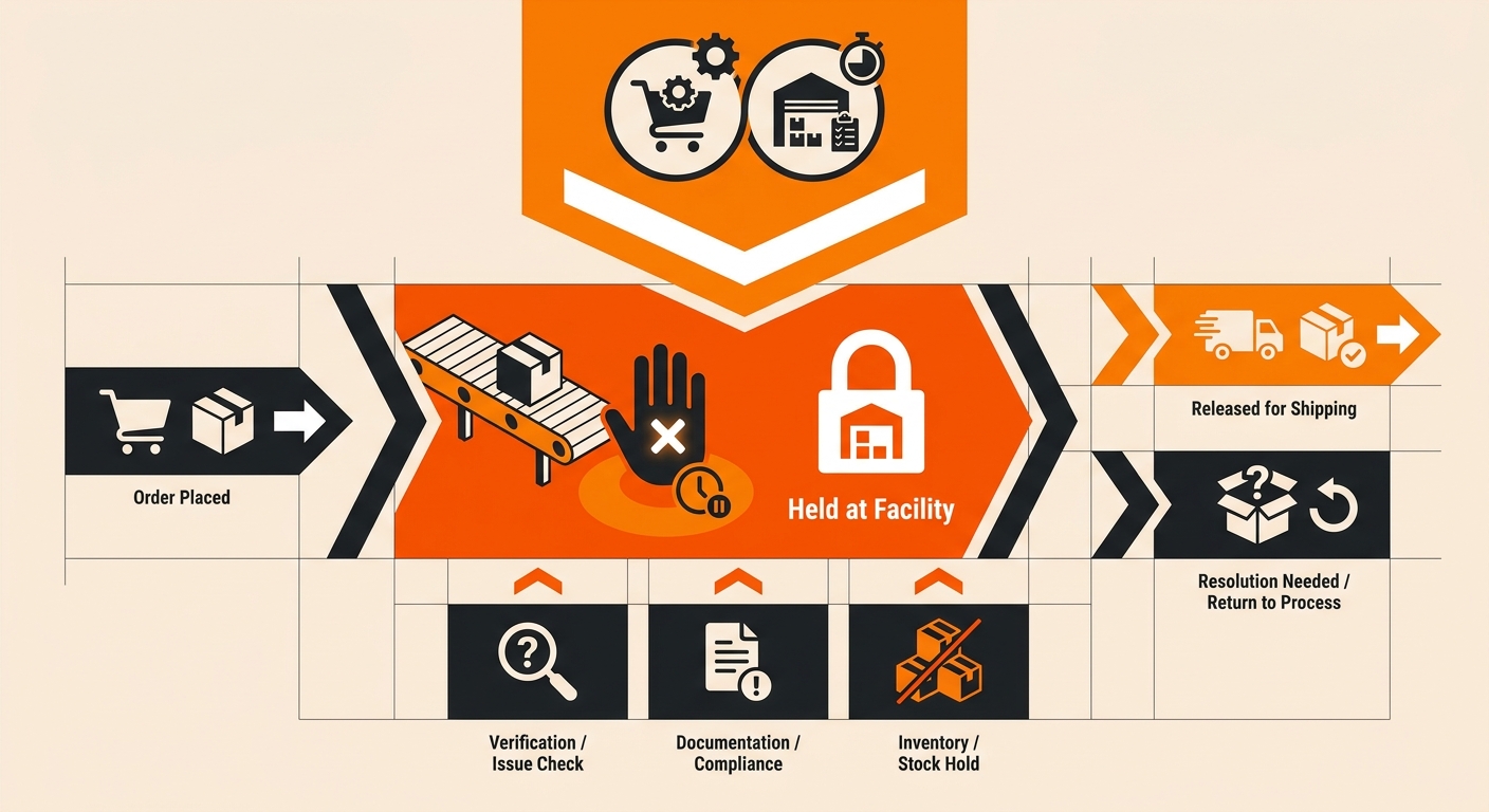 Infographic showing the four stages of a held at facility status: carrier inbound scan at sorting hub, package enters sortation queue, hold reason code flagged in carrier OMS, and package released for final-mile delivery or rerouted