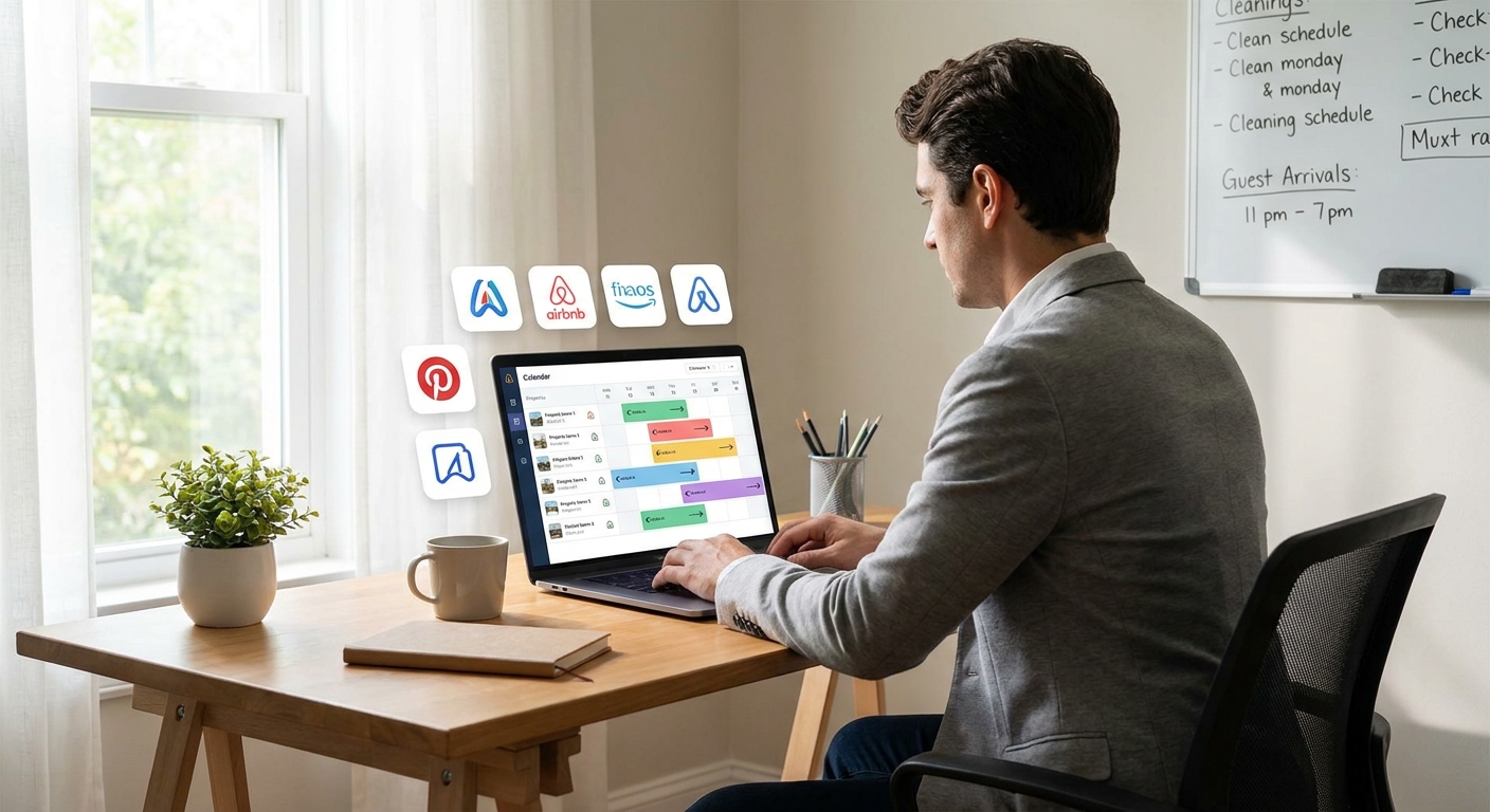 A professional home-office scene features an STR owner managing multiple vacation rental listings on a laptop, with platform-