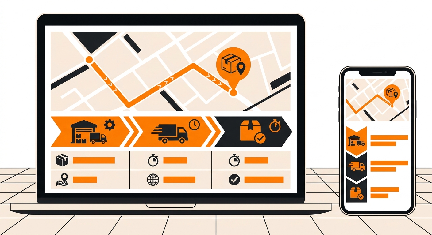 A clean logistics dashboard displayed on a laptop and smartphone shows a shipment moving in real time along a digital map, wi