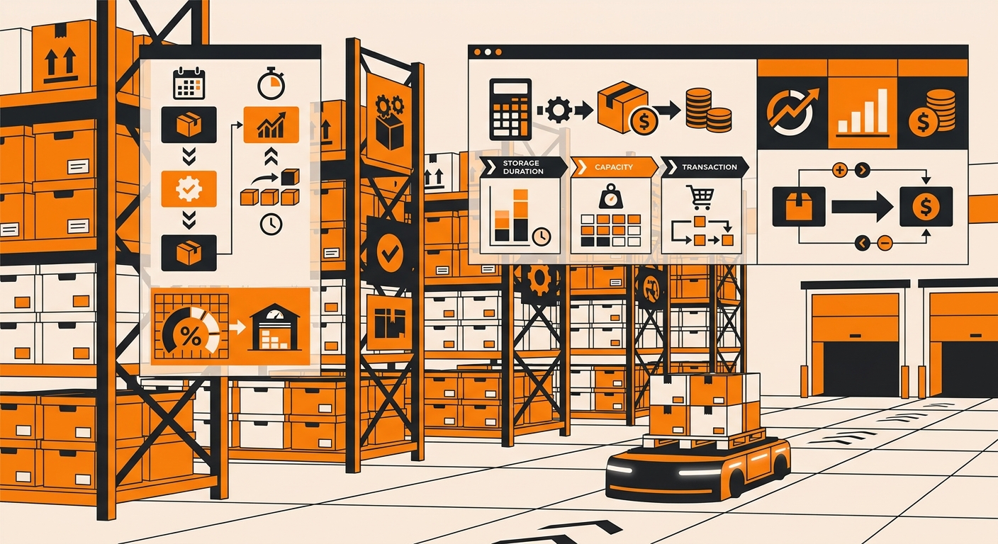 A clean warehouse scene showing organized shelves, labeled inventory bins, and a digital dashboard overlay highlighting stora