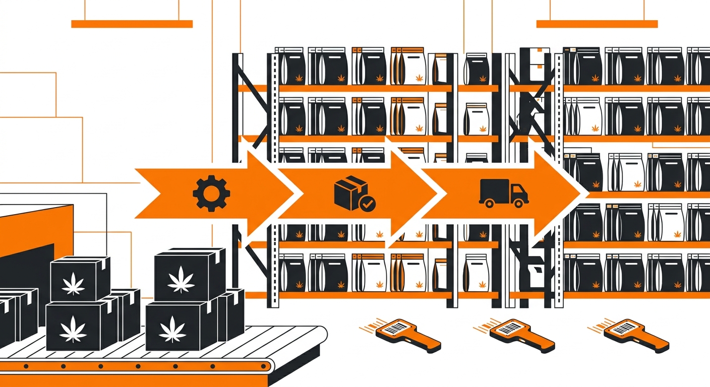 A clean warehouse fulfillment scene showing neatly packed shipping boxes, barcode scanners, and organized shelving, with subt