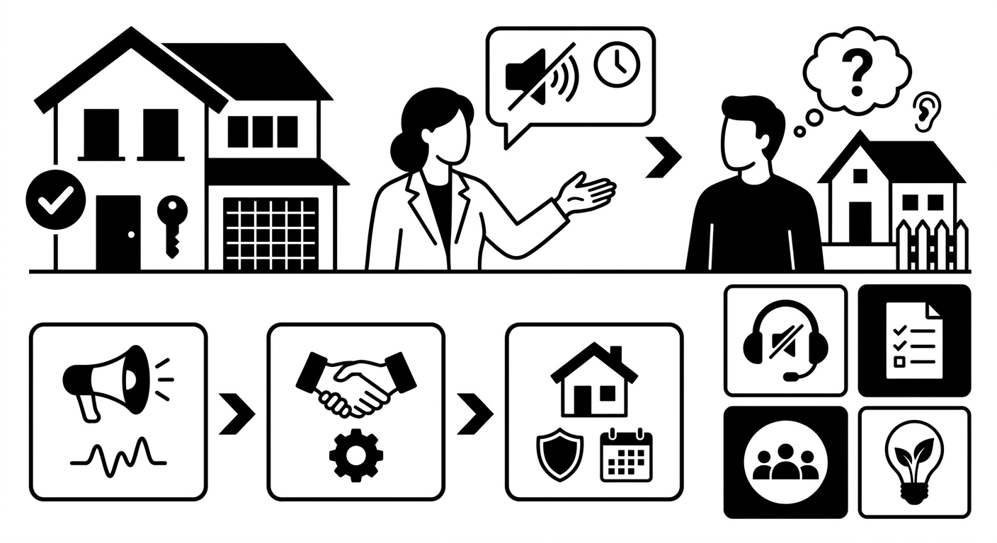 A professional exterior shot of a short-term rental property in a residential neighborhood, with a host speaking courteously 