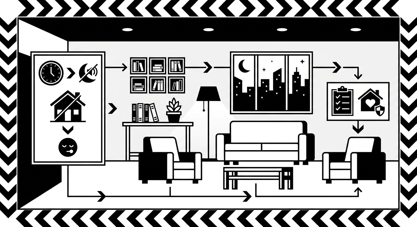 An interior image of a stylish vacation rental living room late in the evening, showing visible quiet-hours signage and a nea