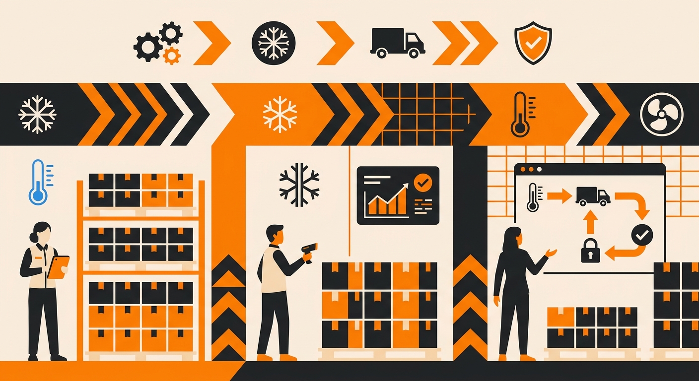 A clean, professional warehouse scene showing temperature-controlled storage zones, palletized goods, and staff using digital
