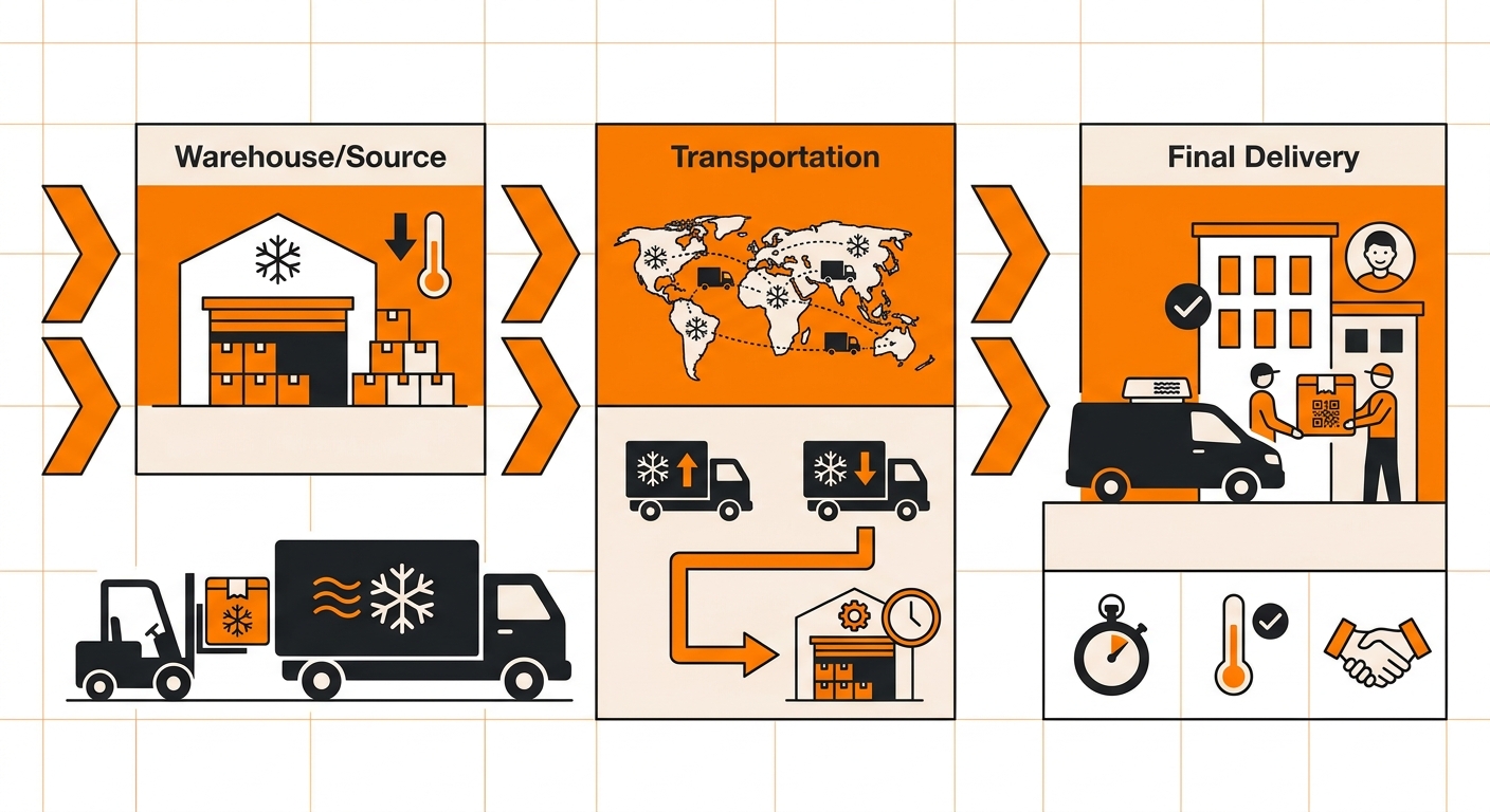 A modern logistics visualization featuring refrigerated trucks, insulated packaging, and a connected supply chain map linking