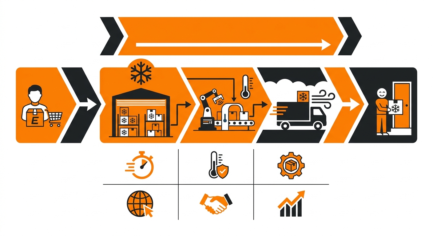 Infographic showing the cold chain 3PL fulfillment flow: inbound receiving with temperature verification, slotted cold storage assignment by zone, pick-and-pack under temperature control, and carrier handoff with cold-chain documentation, with temperature ranges labeled for frozen, refrigerated, and controlled ambient zones