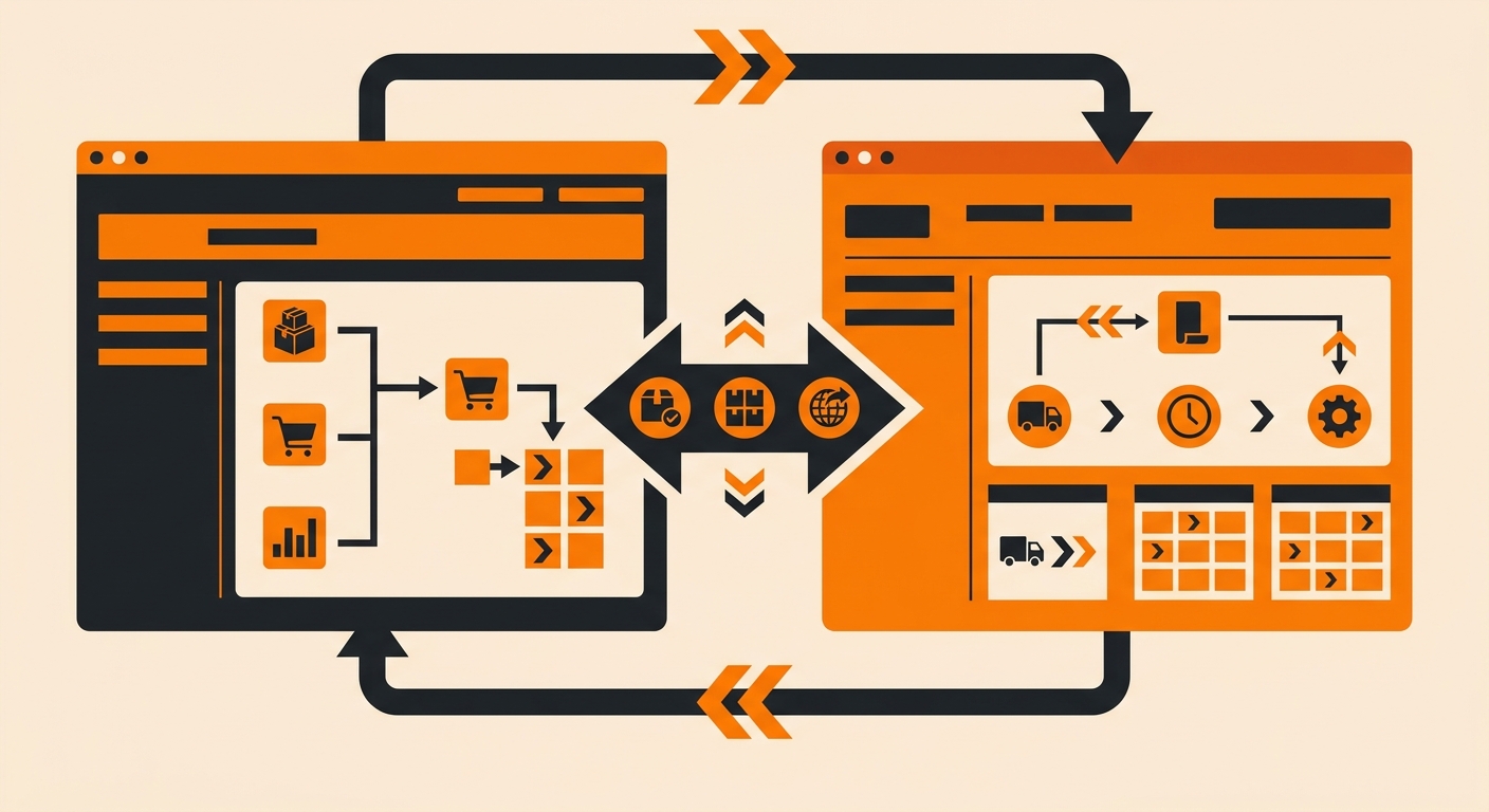A polished digital illustration of two connected software interfaces, one labeled Amazon Seller Central and the other represe