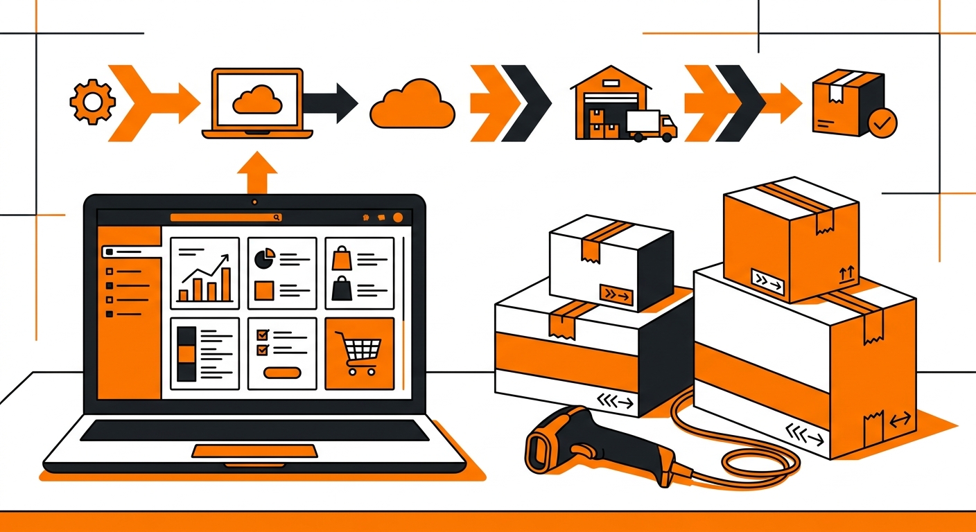 A clean workspace scene showing a laptop with an e-commerce dashboard open beside neatly packed shipping boxes and a barcode