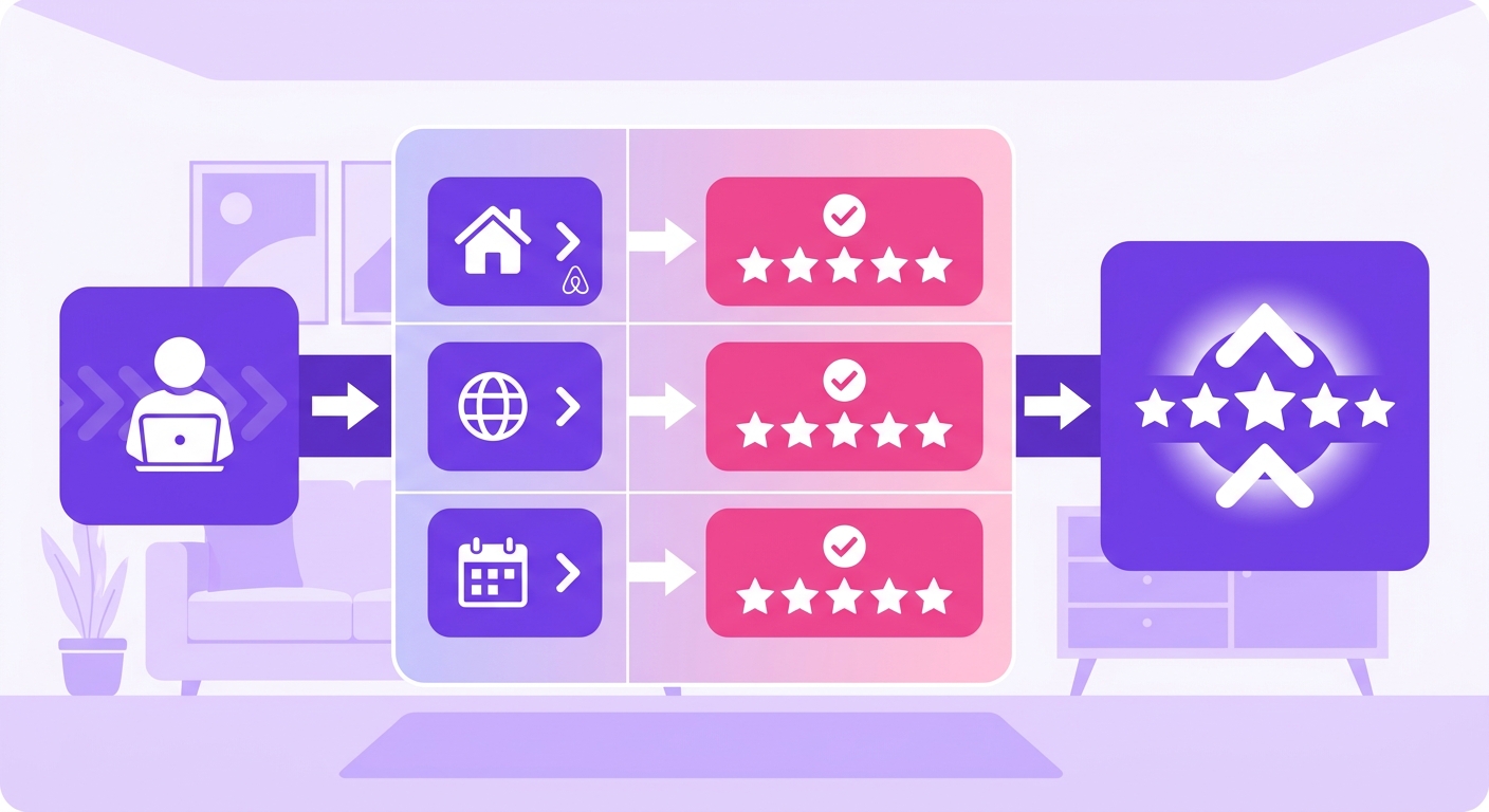 A property owner in a cozy living room checks review scores across Airbnb, VRBO, and Booking.com on a laptop, with 5-star rat