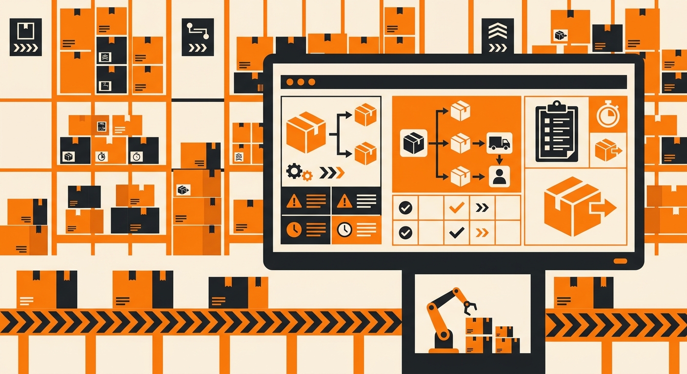 A clean warehouse operations scene showing labeled shelves, packed boxes, and a digital dashboard highlighting split shipment
