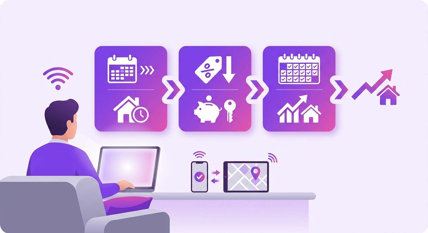 A property owner reviews their short-term rental performance from a laptop in a cozy living room, with an on-screen dashboard