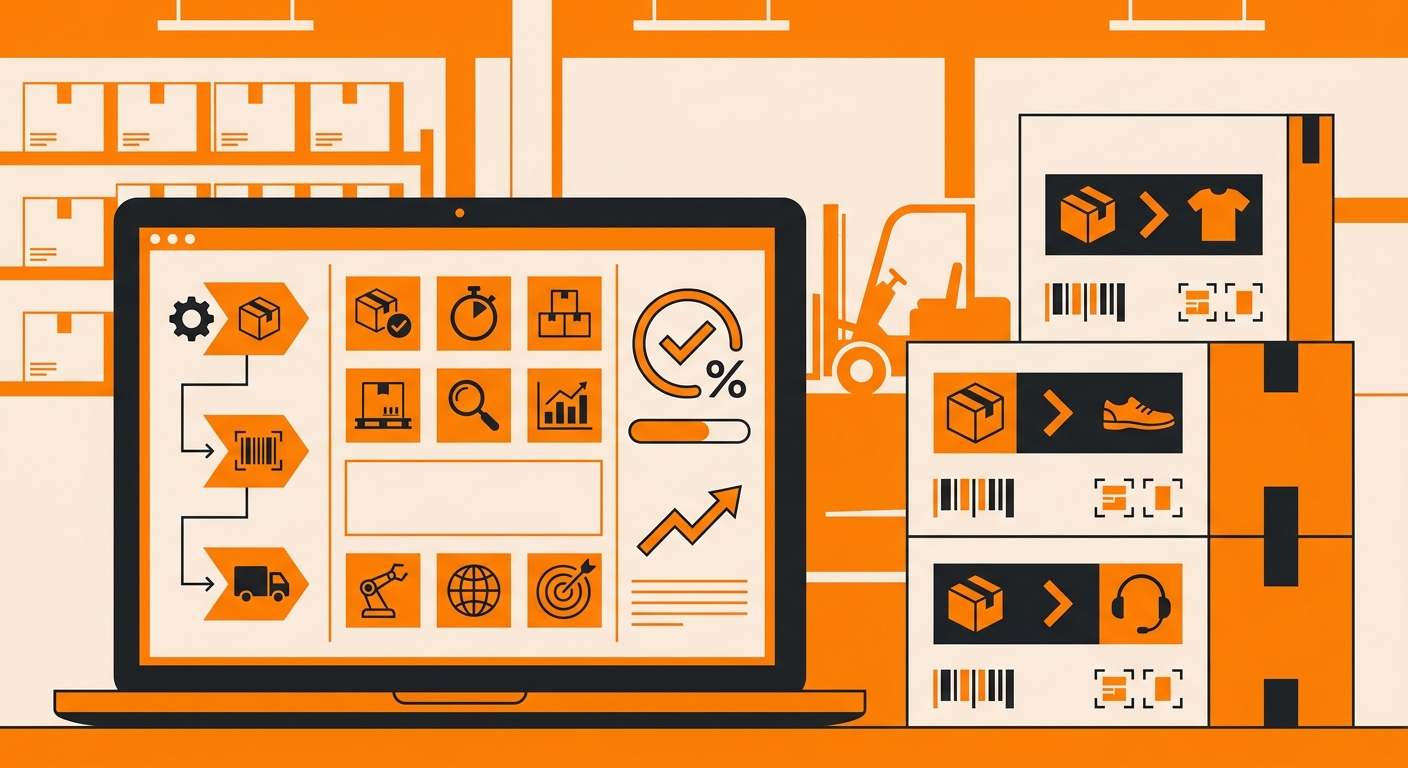 A clean warehouse operations dashboard displayed on a laptop beside neatly labeled product boxes, highlighting structured SKU