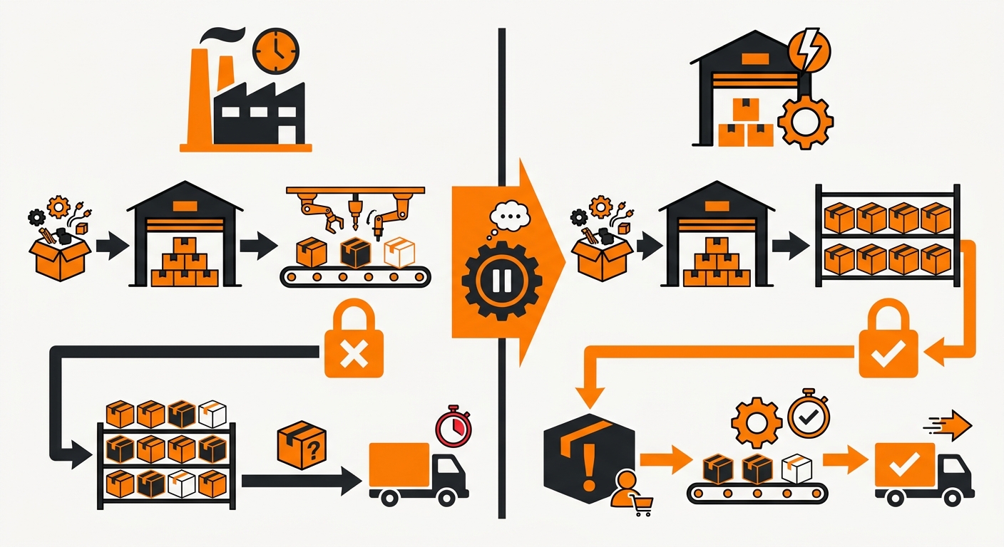 Infographic showing the postponement strategy workflow in eCommerce fulfillment: generic inventory held at decoupling point, order management system captures demand signal, differentiation occurs at pack station with kitting or labeling, finished unit ships to end customer
