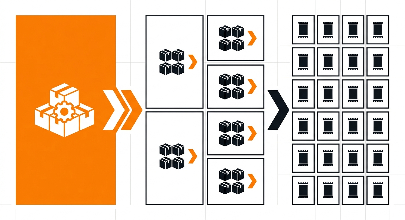 A simple infographic-style packaging diagram displaying a master carton, an inner pack, and individual product units in a cle
